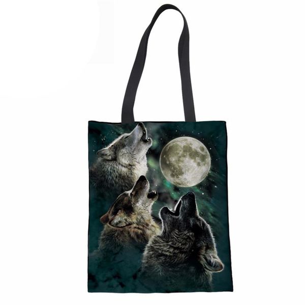 

canvas handbag casual shoulder bag for women reusable shopping bag teenager girls beach tote wolf handle bags new