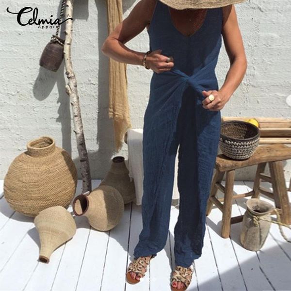 

2019 celmia s-5xl women fashion tank jumpsuits overalls loose vintge cotton linen rompers harem pants sleeveless long pantalon1, Black;white