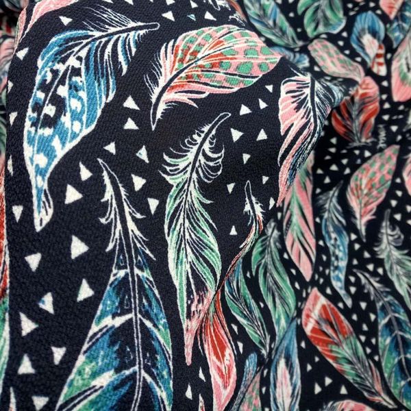 

crepe chiffon dress fabric colorful feather pattern printed chiffon dress fabric summer material, Black;white