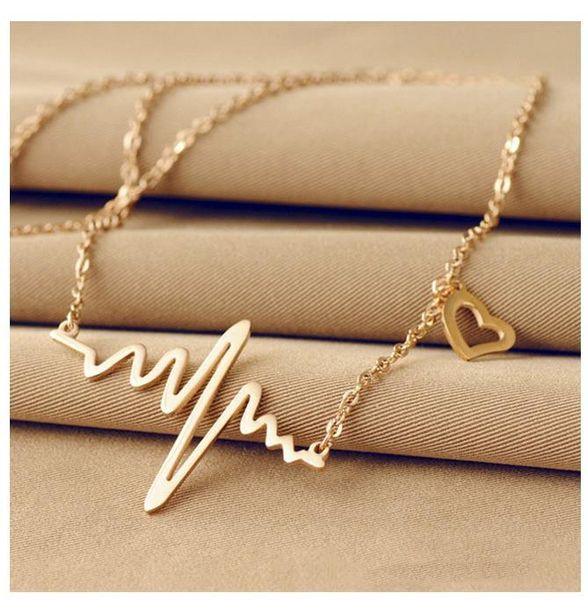 

fashion simple notes ecg heartbeat frequency female pendant clavicle chain necklace heart feel pendants sweater necklace women, Silver