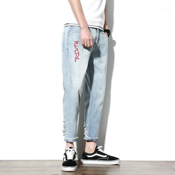 

spring jeans men fashion 2018 student denim harem pants embroidery casual ripped mens jeans plus size trousers black/blue1, Blue