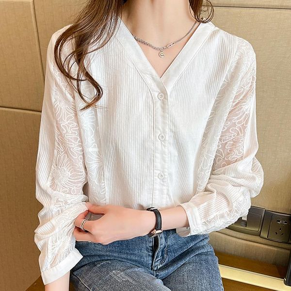 

new elegant female long sleeve lace fashion lady shirt 2021 new korean spring women blouse, White