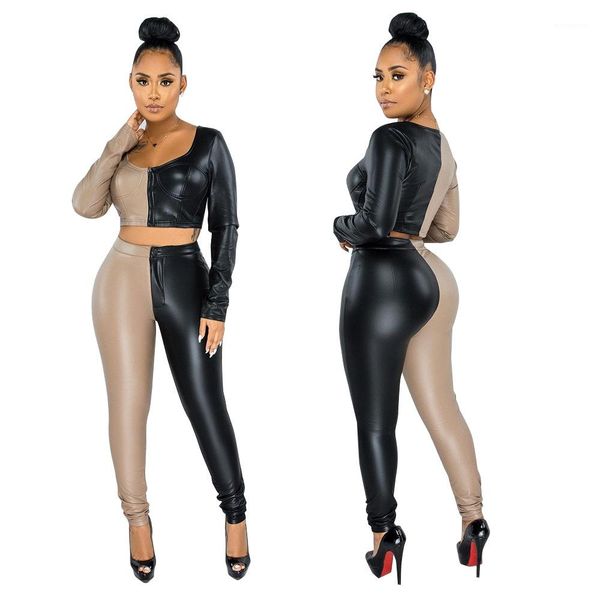 

clothing suit o-neck long sleeve short crop high waist pencil pants ladies slim two piece sets women pu patchwork, White
