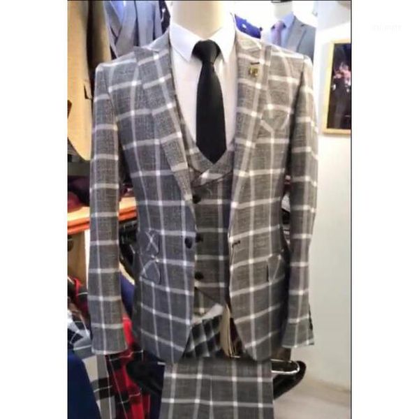 

2020 grey lattice suit men 3 pieces slim fit mens suits for wedding prom business man blazer groom tuxedo jacket pants vest set1, White;black