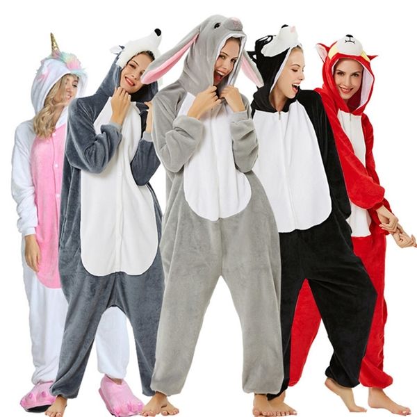 2020 Yetişkin Hayvan Pijama Karikatür Pijama Unicorn Pijama Setleri Dikiş Köpekbalığı Kigurumi Unicoryio Kadın Erkek Sıcak Flanel Kapşonlu Y200708