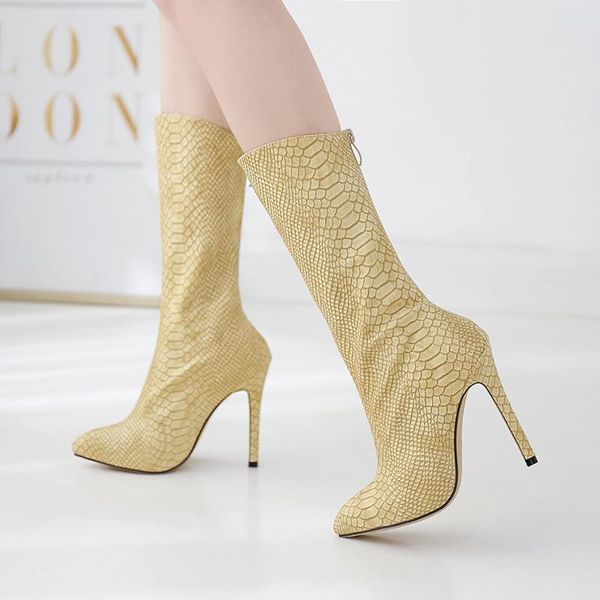 

brand women's shoes lady boots booties woman 2020 high heels round toe snake print zipper boots-women fashion ladies mid calf, Black