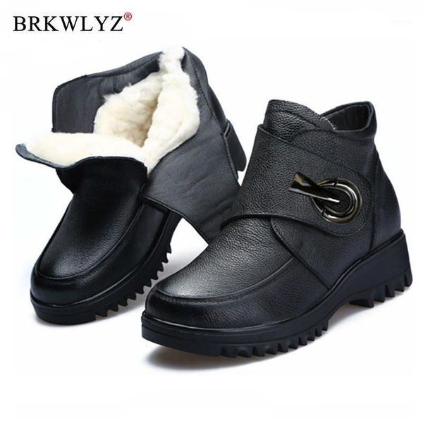 

warm wool leather cowhide boots for women winter genuine leather flat platform boots 2020 plush snow1, Black