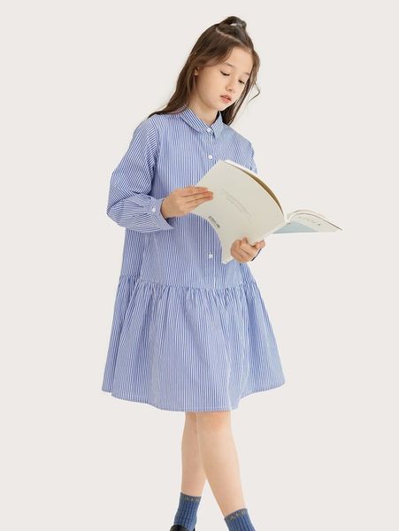 

girls striped flounce hem shirt dress she, Red;yellow
