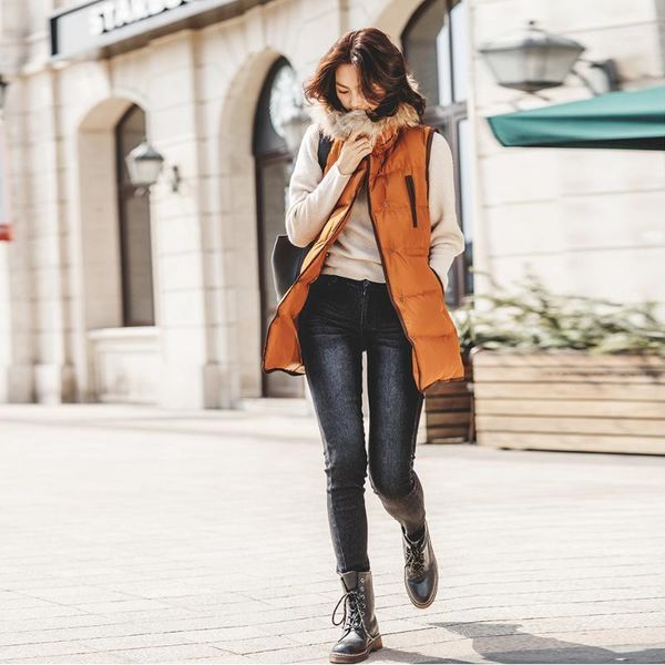 

white duck down coat with real fur puffer jacket women winter down coats jackets warm womans parka puffy jacket vest green1, Black