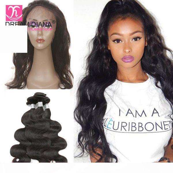 

grade remy virgin brazilian virgin hair body wave 360 lace frontal with bundle pre plucked human hair frontal natural color, Black