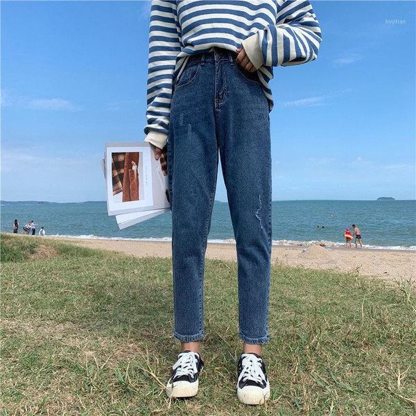 

hzirip fashion denim carrot pants high waist slimming straight loose simple casual all match jeans solid blue denim trousers1