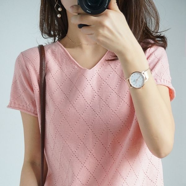 

smpevrg 19 new lady knitted thin hollow women sweater v-neck short sleeve female pullover women jumper loose pull femme shirts y200910, White;black