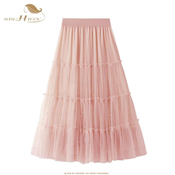 

sishion korean style tulle long midi beaded mesh skirt vd1707 women high waist black white pink skirts jupe femme