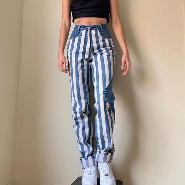 

striped denim jeans women baggy straight leg pants color block patchwork trendy aesthetic trousers female palazzo pantacourt, Blue