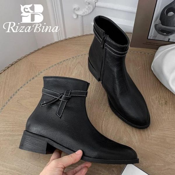 

rizabina size 32-46 women ankle boots thick heel pointed toe zipper shoes pu winter warm boots fashion women party footwear, Black