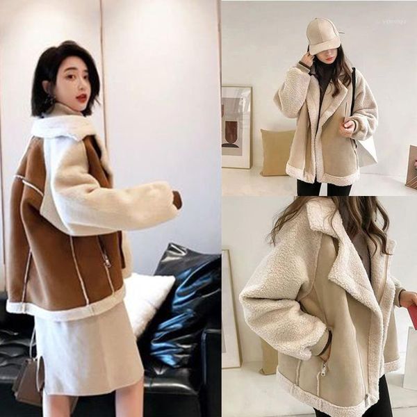 

women long sleeves turndown collar short motorcycle jacket contrast stitching zip coat loose overcoat with pockets1, Black