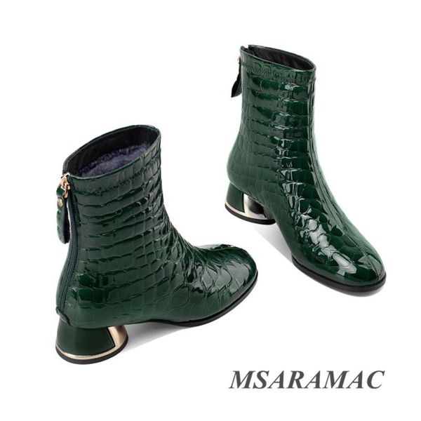 

boots elegant stone grain high heel plush ankle leather ladies round toe work winter slim women's, Black