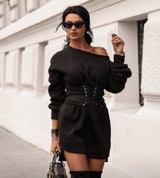 

new women dress womens round neck loose waist long sleeve dress fashion solid color autumn spring dresses lady dresses, Black;gray