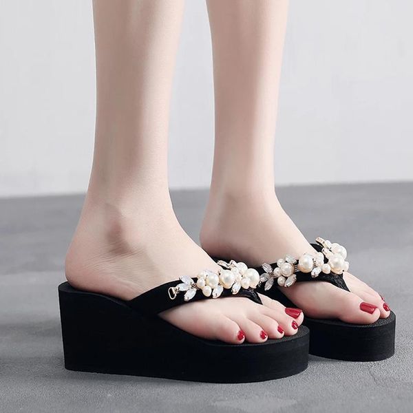 

female slippers design pearl flip flops platform slides for women summer korean beach sandals soft wedge slippers sale, Black