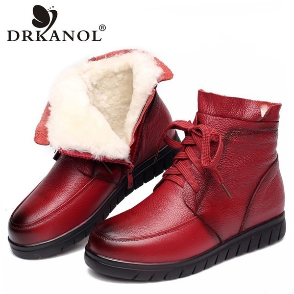 

drkanol women snow boots vintage genuine leather natural wool fur winter warm ankle boots for women flat mother shoes h7075 201020, Black
