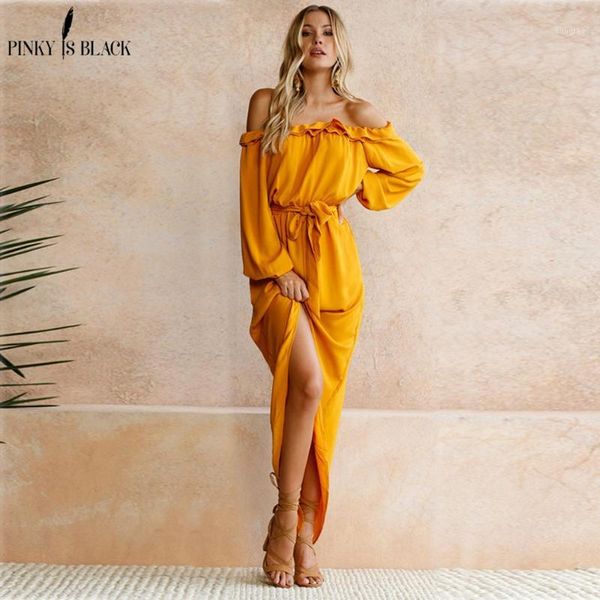 

pinky is black women beach boho maxi dress 2018 summer off shoulder yellow vintage long dresses feminine ruffles1, White;black