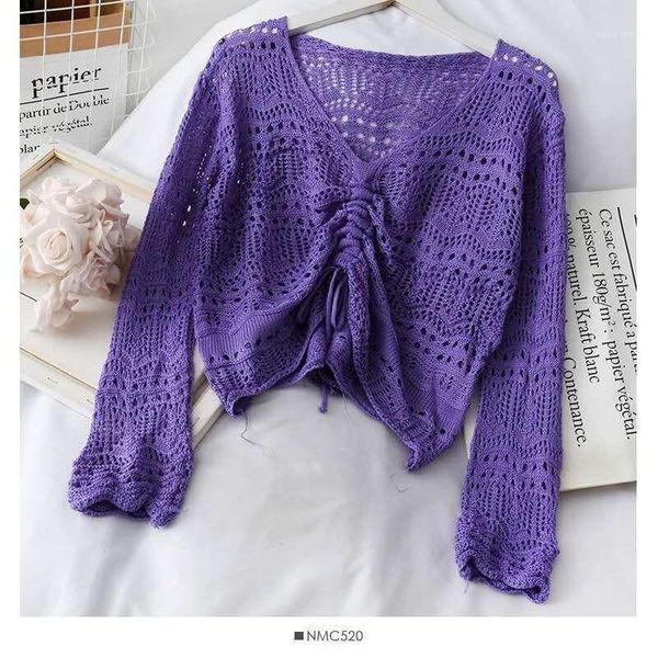 

autumn products women's short v-neck sweater solid color hollow drawstring sweater female pink loose street style short, White;black