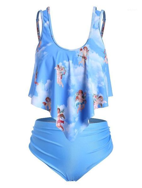 

plus size women bikini sets angel print blue swimsuits l~5xl summer beachwear casual bathing suits high waist tankinis swimwear1, White;black