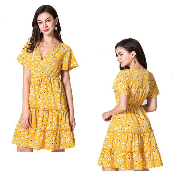 

2021 new summer floral short sleeve ladies casual loose yellow v-neck empire es knee-length women beach 9brk, Black;gray