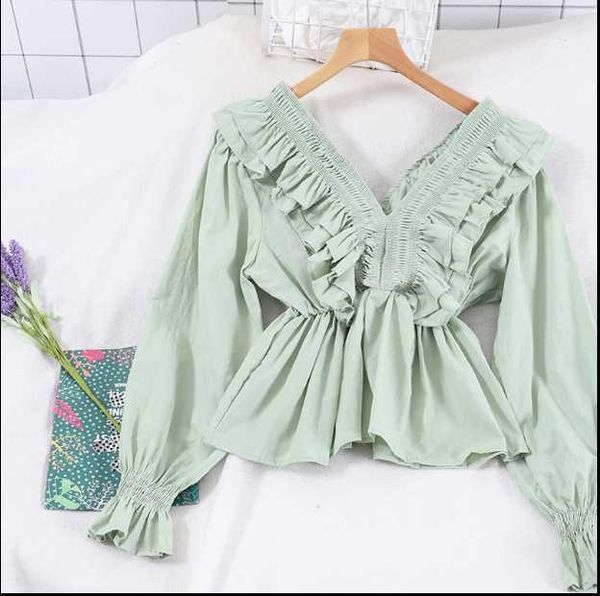 

new 2020 spring summer flounced v-neck long sleeve shirt women solid color slim blouses ruffle blusas female femininas1, White