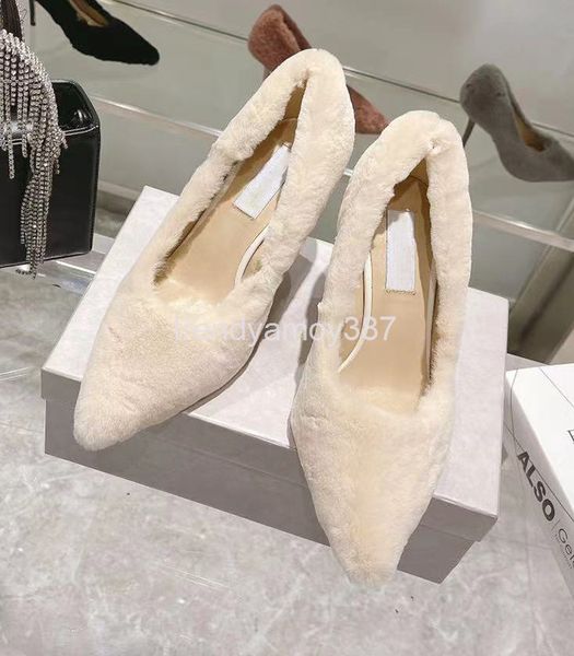 

dress shoes temperament pointed high-heeled shoes women autumn net red lamb plush single thin heel lady fashion, Black