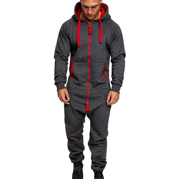 

2021 mens pure color splicing jumpsuit men one-piece garment pajama playsuit zipper hoodie male onesie jumpsuits overalls hombre, Gray