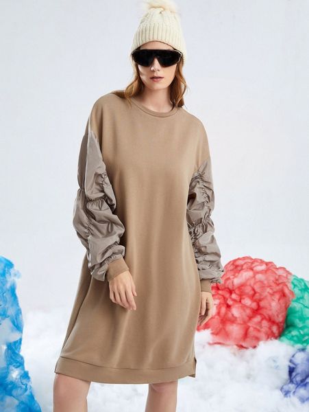 

ruched sleeve colorblock sweatshirt dress k1tx#, White;black