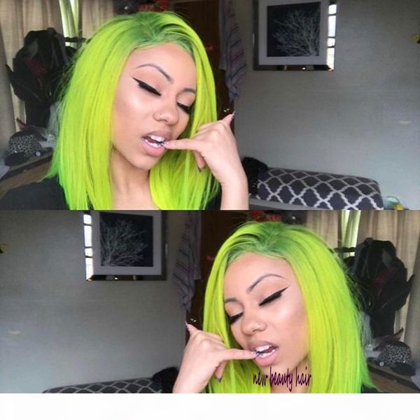 

9a side part brazilian full short lace front wigs fluorescent green synthetic bob wig for women blonde blue pink red color, Black