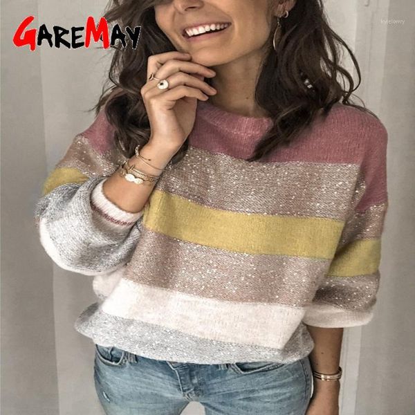 

womens striped sweater 2020 new casual loose sweater multi-color women long sleeve knitted striped jumper pullover1, White;black