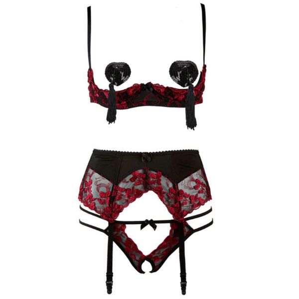 

the new ladies romantic push up brassieres suits lingerie sets women lace embroidery shell bra sets c1114, Red;black