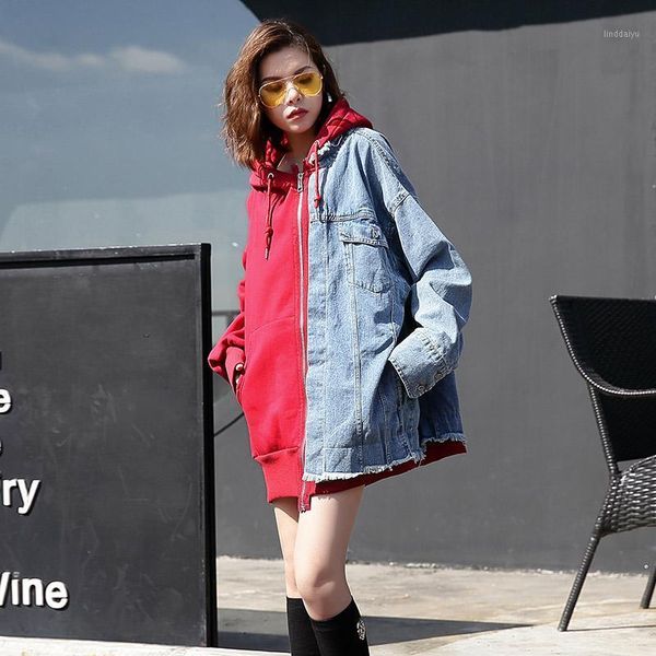 

trend-setter 2020 spring and autumn harajuku spliced denim jacket women hood jean jacket loose long sleeve oversize streetwear1, Black;brown