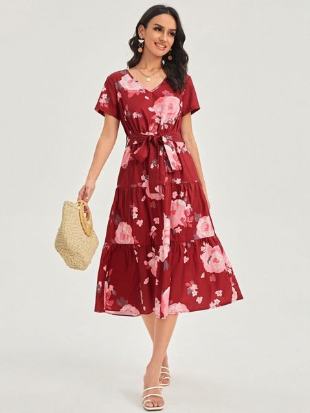 

floral print ruffle hem belted dress j6av#, Black;gray