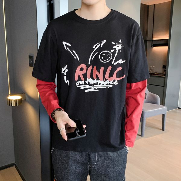 

2021 new autumn spring fashion oversize pieces impression long sleeve male tshirt neck shirt t kajc, White;black