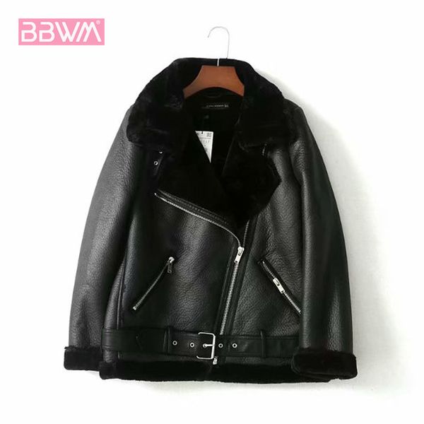 

fur locomotive with belt riding winter women's jacket long-sleeved lapel padded warm black zip chic female coat, Black;brown