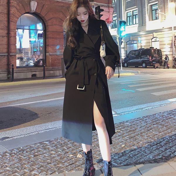 

2021 new korean black long trench winter streetwear women double breasted with sashes coat office business jacket female h935, Black;brown