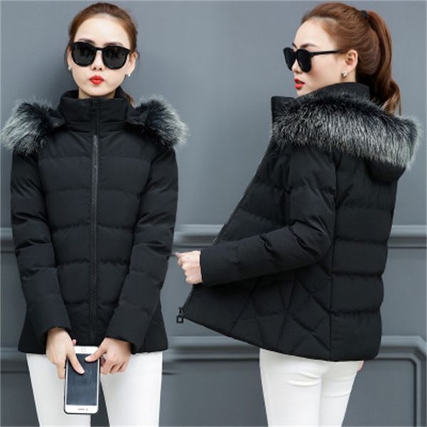 

2021 new female winter coat caramel m-4xl plus size detachable skin with hood parkas new korean short thin red down cotton jackets z49r, Black