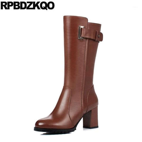 

shoes chunky brown metal block knee high heel autumn tall fall round toe long fur handmade faux women boots winter 2020 black1, Black