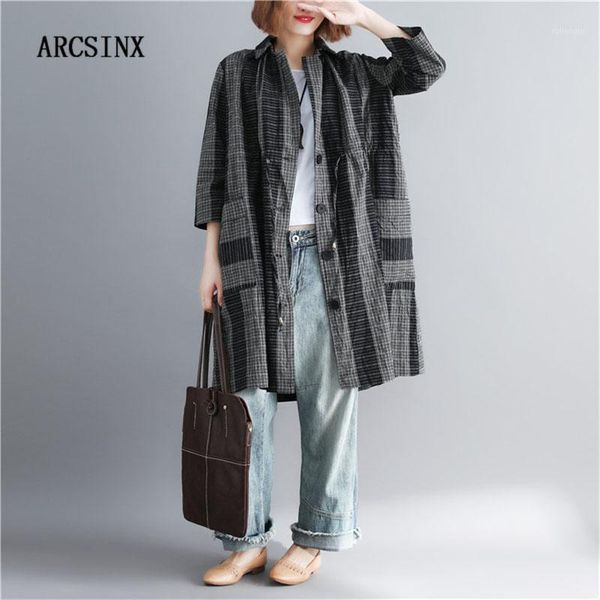 

arcsinx oversized women's trench coat plus size 4xl 5xl casual three quarter sleeve woman clothes plaid women's spring coat1, Tan;black