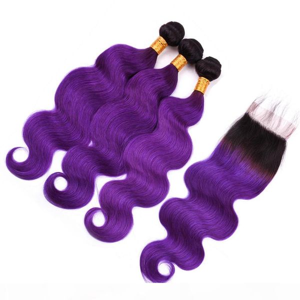 

#1b purple ombre hair bundles with closure body wave ombre purple brazilian human hair 3bundles with closure ombre lace closure 4x4, Black;brown