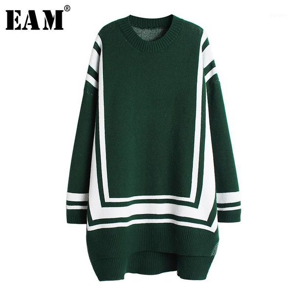 

eam] women striped split big size knitting dress new round neck long sleeve loose fit fashion tide spring autumn 2019 19a-a4281, Black;gray