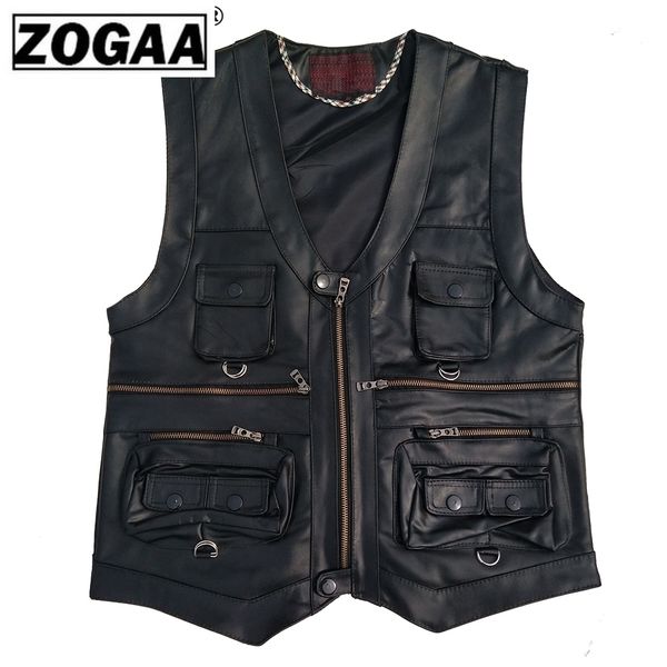 Zogaa multi bolso colete homens preto fotografia coletes genuíno couro motocicleta motocicleta colete masculino outono sem mangas jaqueta homens 20116