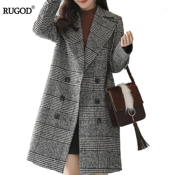 

rugod new 2017 winter coat women warm cotton-padded wool coat long women's cashmere european fashion plaid jacket outwear1, Black;white