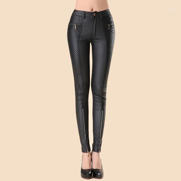 

serandmido women leather pants pu button with zipper pockets skinny pencil pants patchwork ladies leather leggings smp0111, Black;white