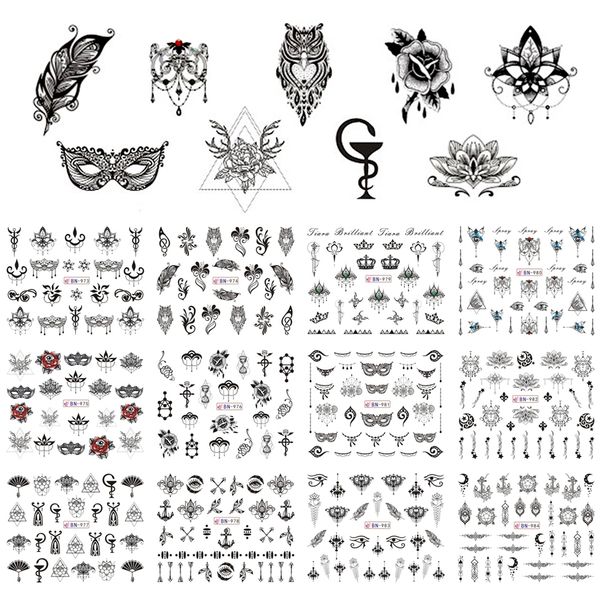 

retro nail polish sticker 12 black designs owl jewelry flowers mask feather symbol water decals manicure tattoos bebn973-984