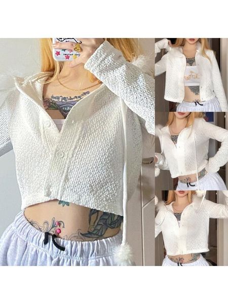 

women's jackets women long sleeve knit hoodie cardigan fluffy plush pompom cropped sweater coat, Black;brown